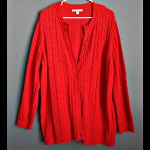 Woman Within Red Cotton Cable Knit Cardigan Sweater, Size Large 18/20